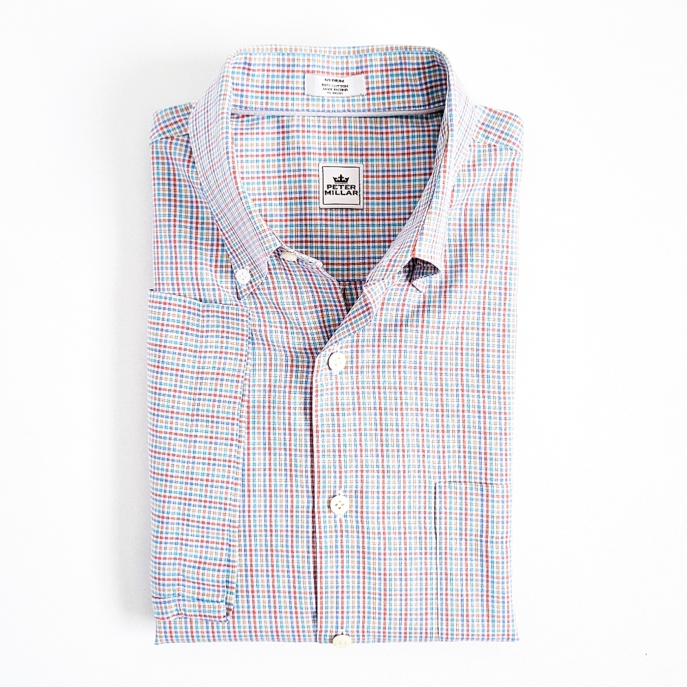 NEW Peter Millar Short Sleeve Shirt Plaid Casual Button Down Blue Tan Mens M